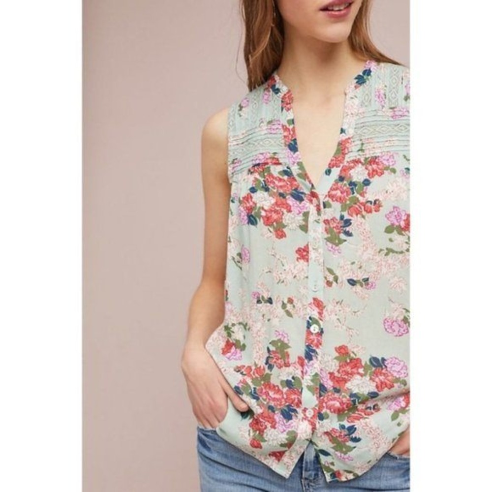 Anthropologie Meadow Rue Pintucked Sleeveless Mint Floral Top Womens 0 Whimsical
